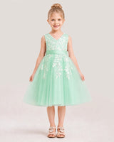 Mint Green Satin and Tulle V-Neck A-Line Flower Girl Dresses Front View