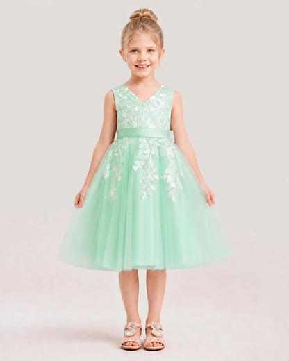 Dideyttawl Lace Satin Tulle Flower Girl Dress with Big Back Bow