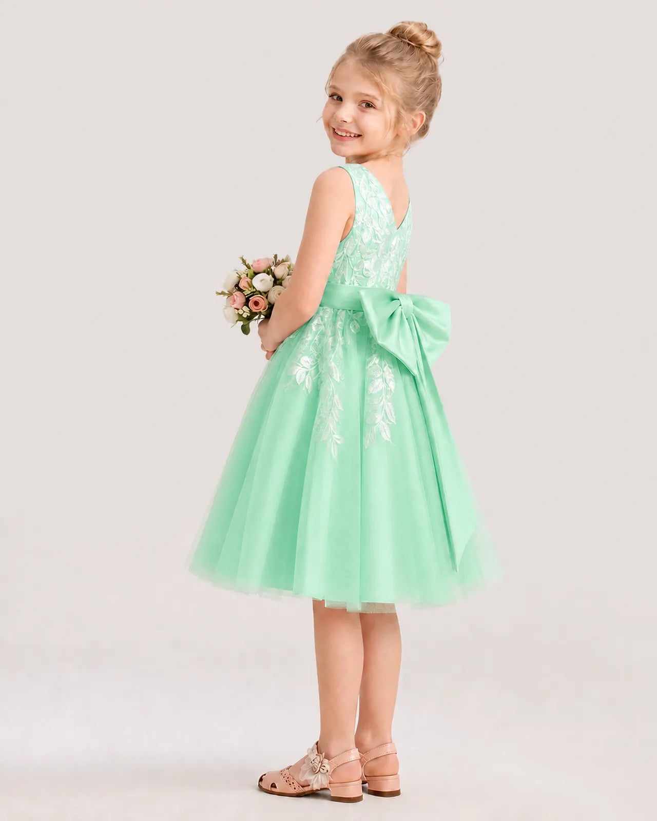 Dideyttawl Lace Satin Tulle Flower Girl Dress with Big Back Bow