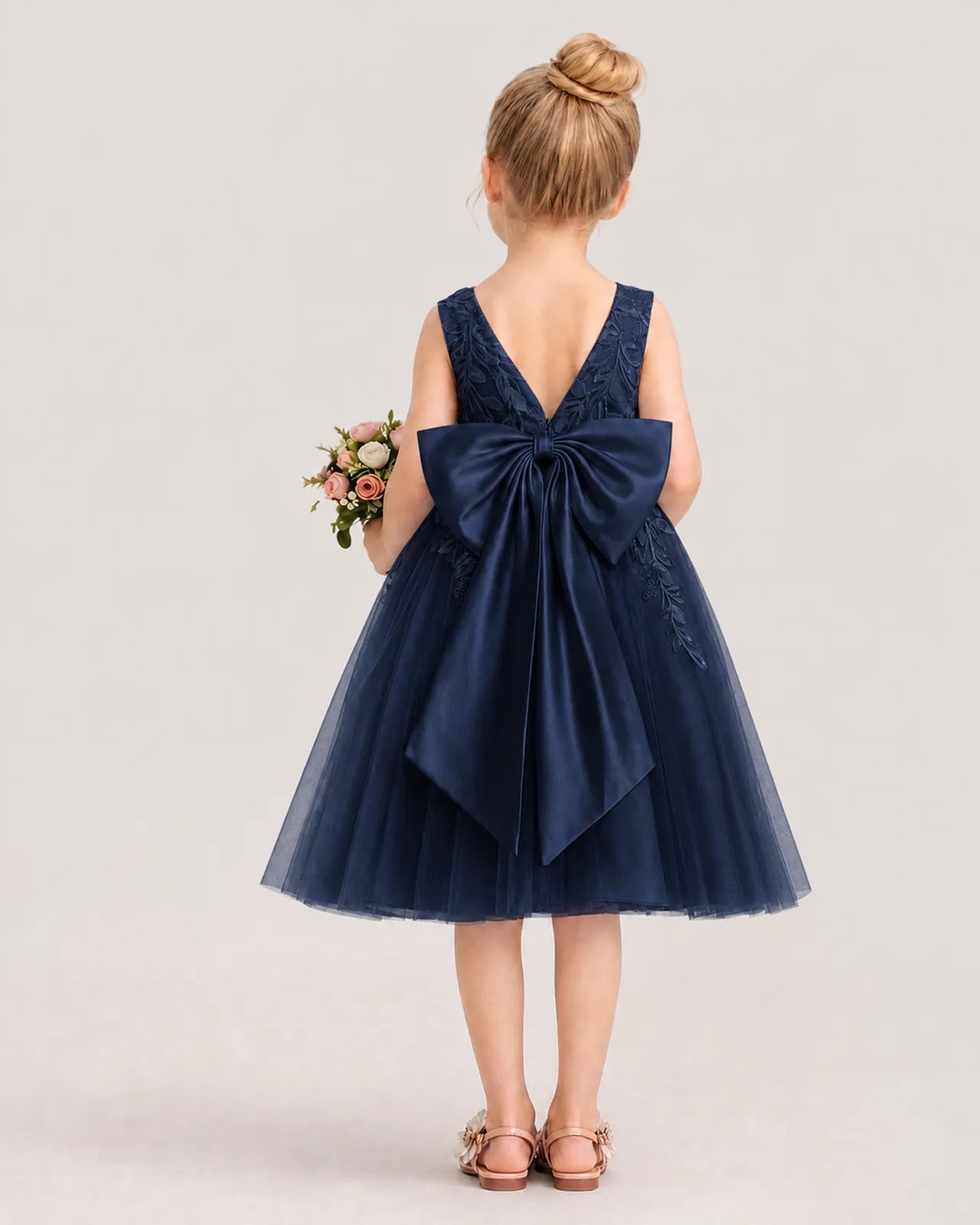 Dideyttawl Lace Satin Tulle Flower Girl Dress with Big Back Bow