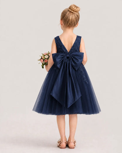 Dideyttawl Lace Satin Tulle Flower Girl Dress with Big Back Bow