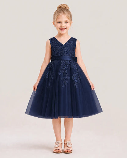 Dideyttawl Lace Satin Tulle Flower Girl Dress with Big Back Bow