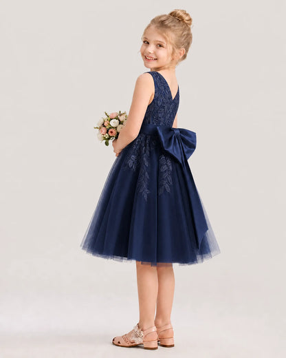Dideyttawl Lace Satin Tulle Flower Girl Dress with Big Back Bow
