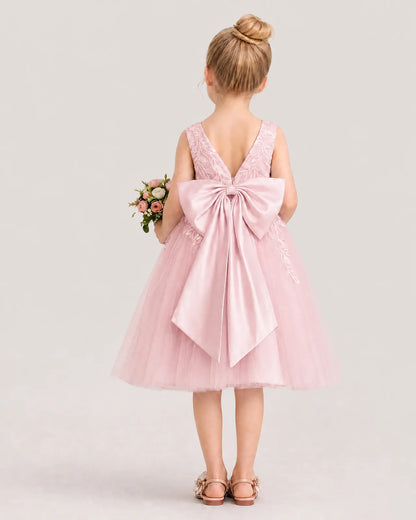 Dideyttawl Lace Satin Tulle Flower Girl Dress with Big Back Bow