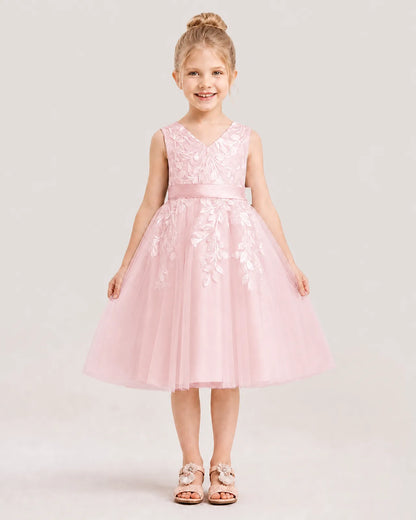 Dideyttawl Lace Satin Tulle Flower Girl Dress with Big Back Bow