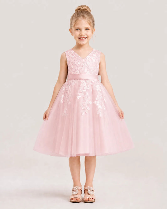 Pink Satin and Tulle A-Line Flower Girl Dresses Front View