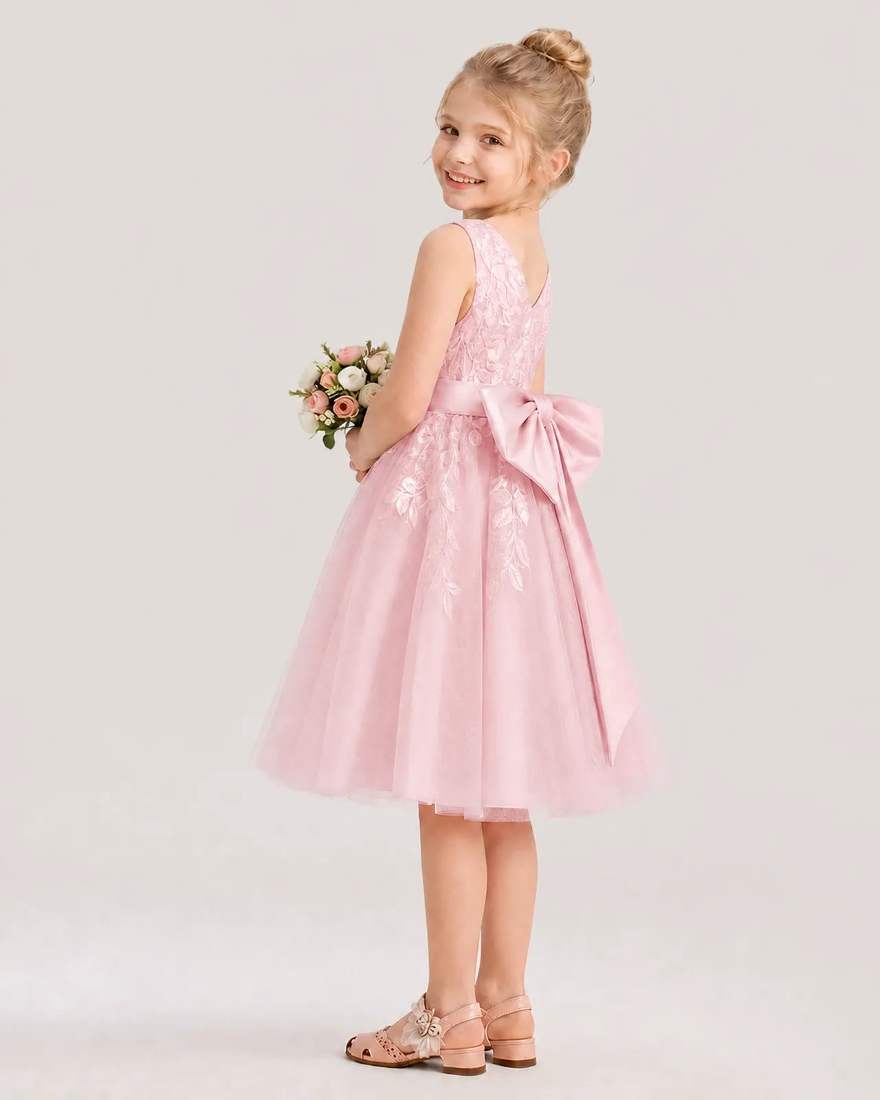 Dideyttawl Lace Satin Tulle Flower Girl Dress with Big Back Bow