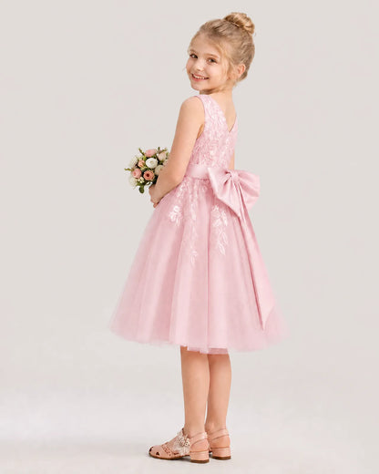 Dideyttawl Lace Satin Tulle Flower Girl Dress with Big Back Bow