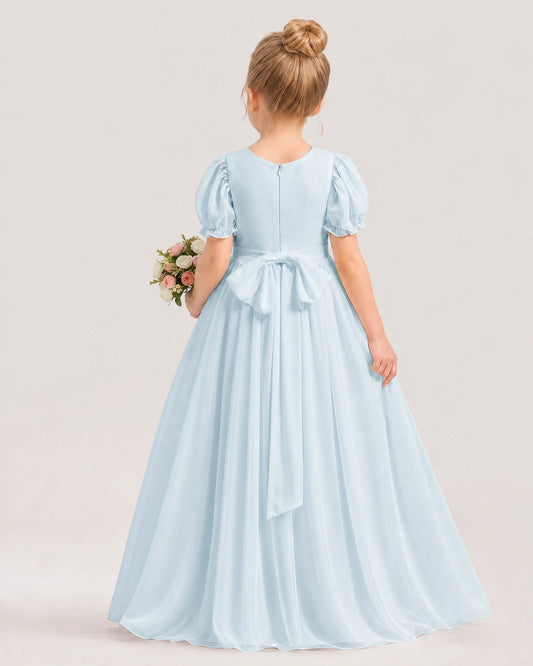 Dideyttawl Square Neck Chiffon Flower Girl Dress with Puff Sleeves and Back Bow