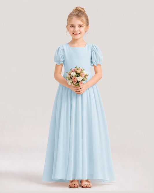 Dideyttawl Square Neck Chiffon Flower Girl Dress with Puff Sleeves and Back Bow