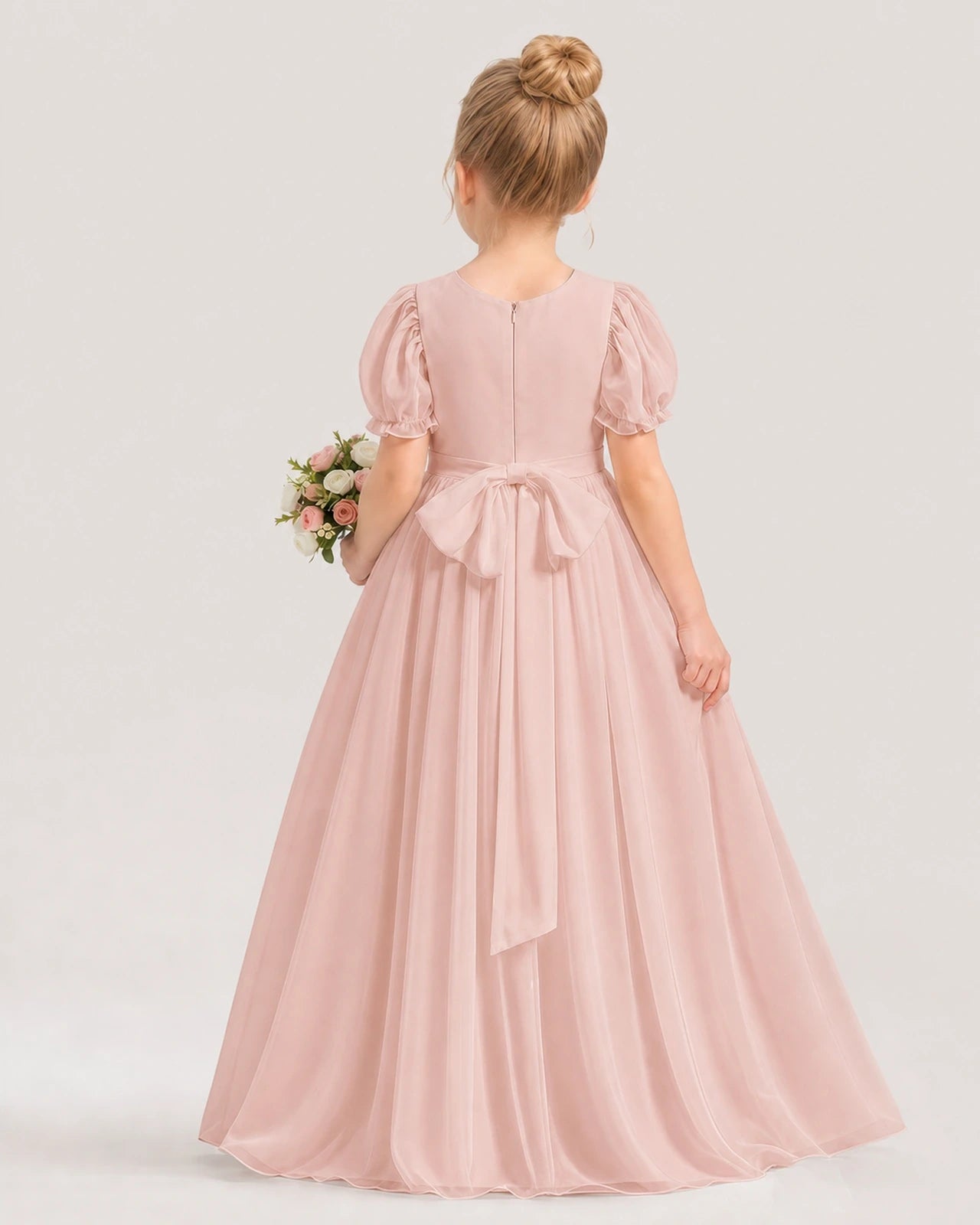 Blush Pink Chiffon Bow Flower Girl Dresses Back View