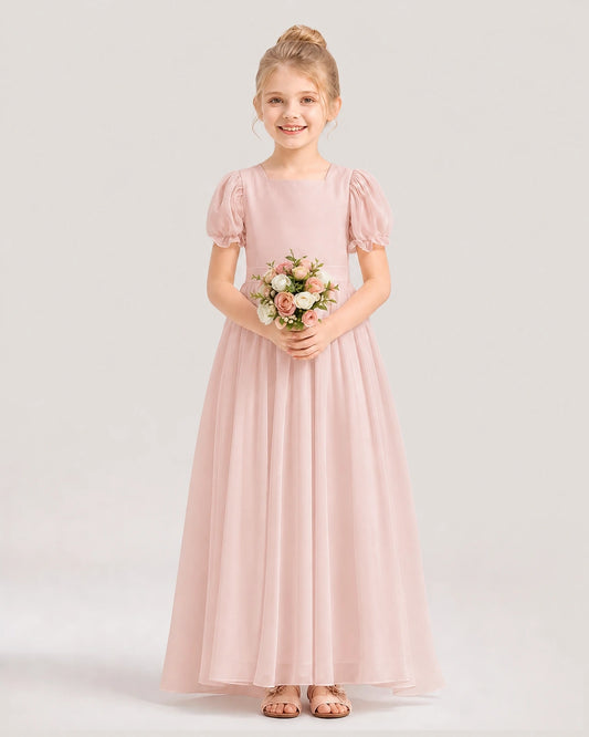 Blush Pink Chiffon Square Neck Puff Sleeve Flower Girl Dresses Front View