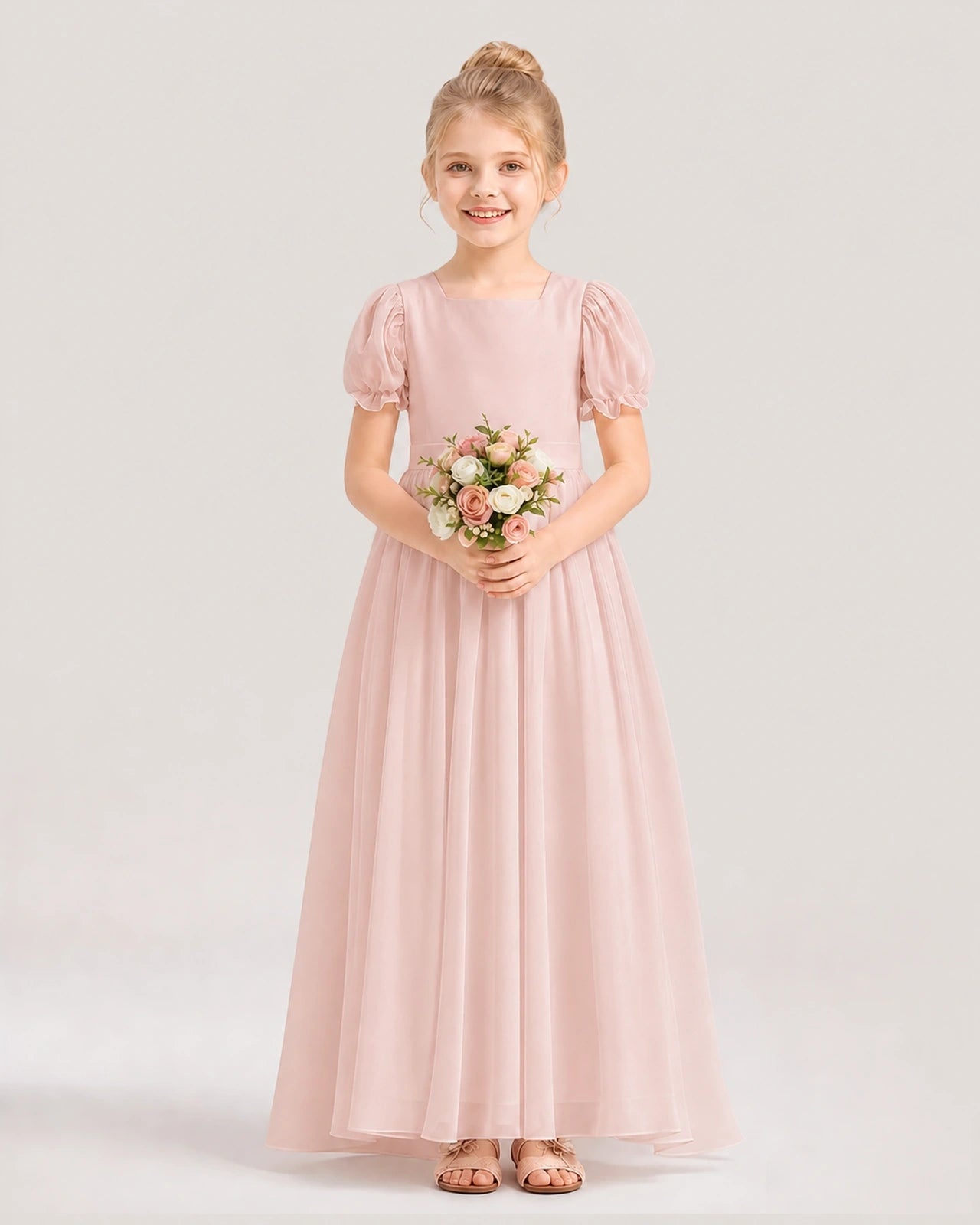 Blush Pink Chiffon Square Neck Puff Sleeve Flower Girl Dresses Front View