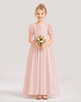 Blush Pink Chiffon Square Neck Puff Sleeve Flower Girl Dresses Front View