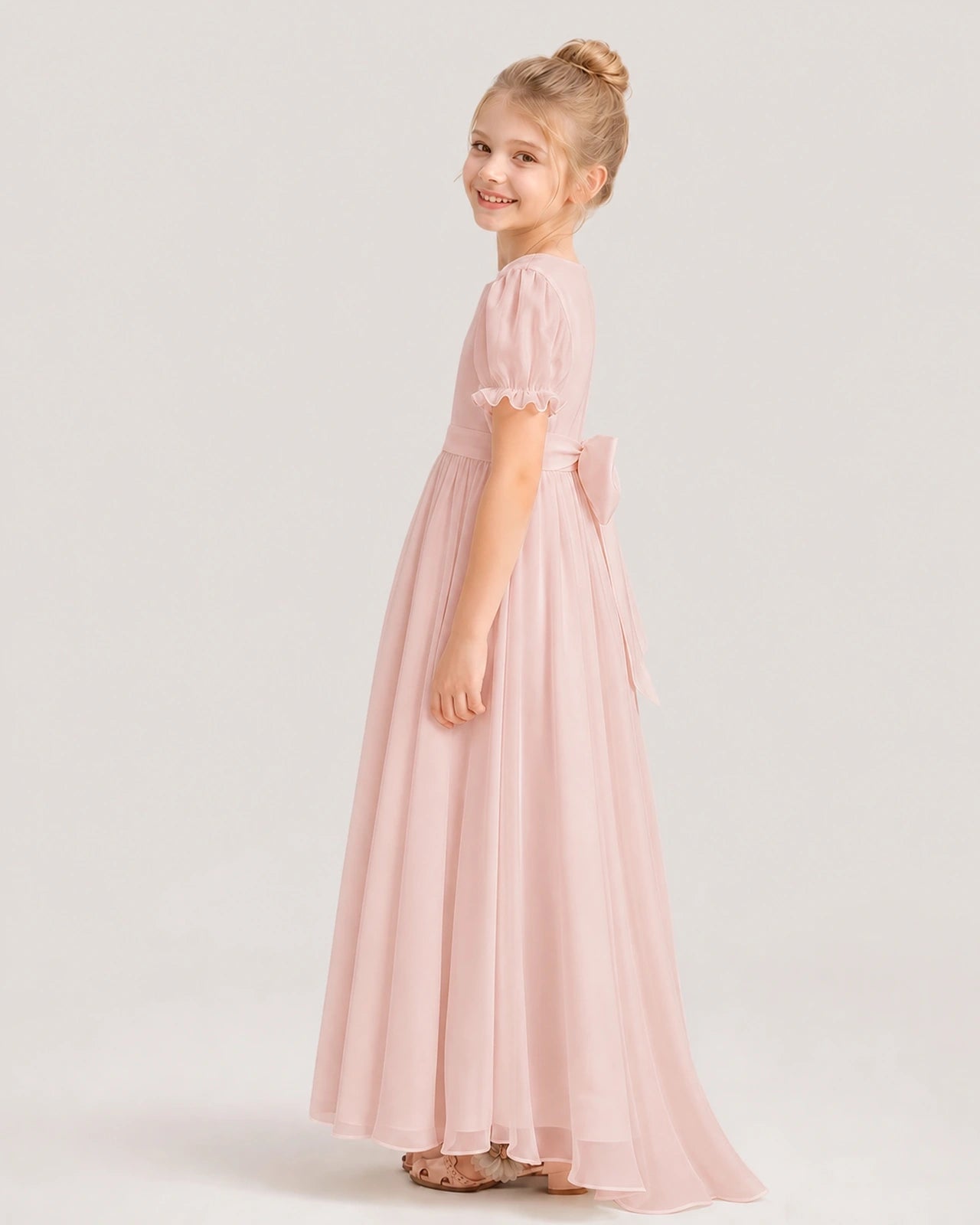 Blush Pink Chiffon A-Line Flower Girl Dresses Side View