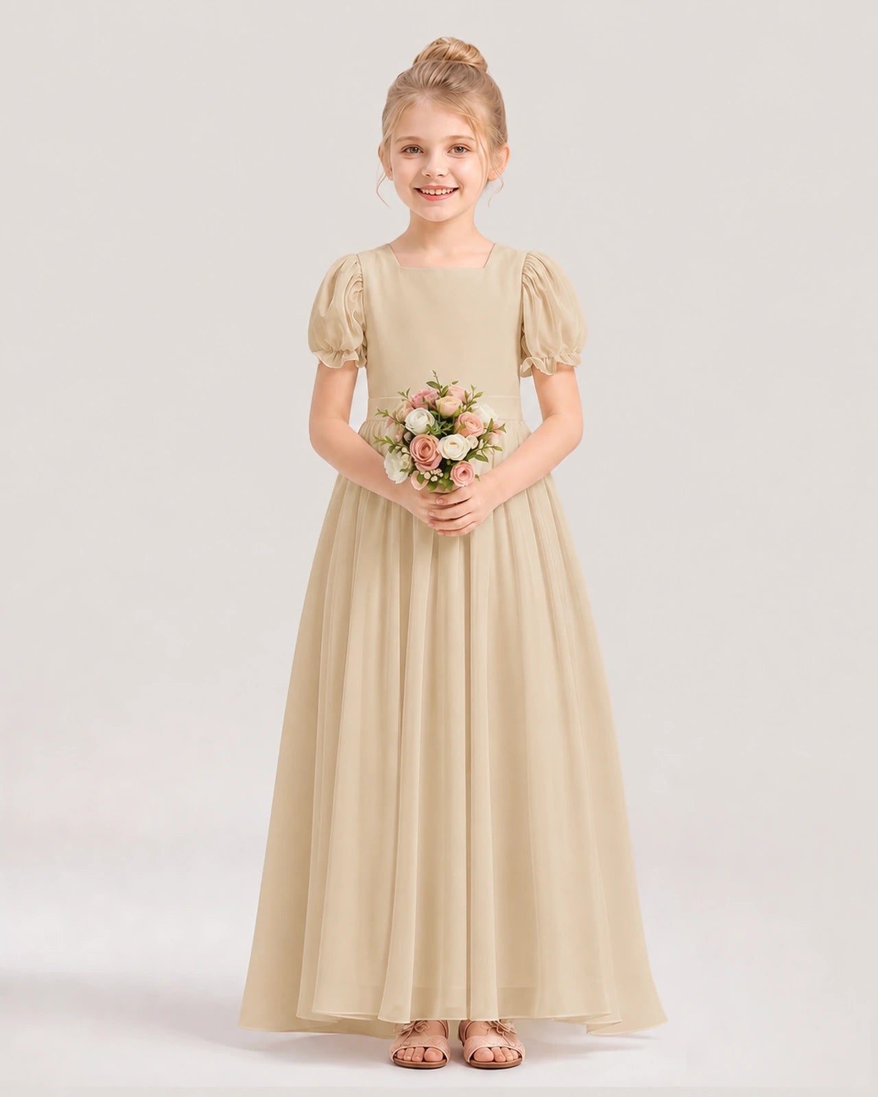 Champagne Chiffon Puff Sleeve Flower Girl Dress Front View