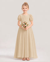 Champagne Chiffon Puff Sleeve Flower Girl Dress Front View