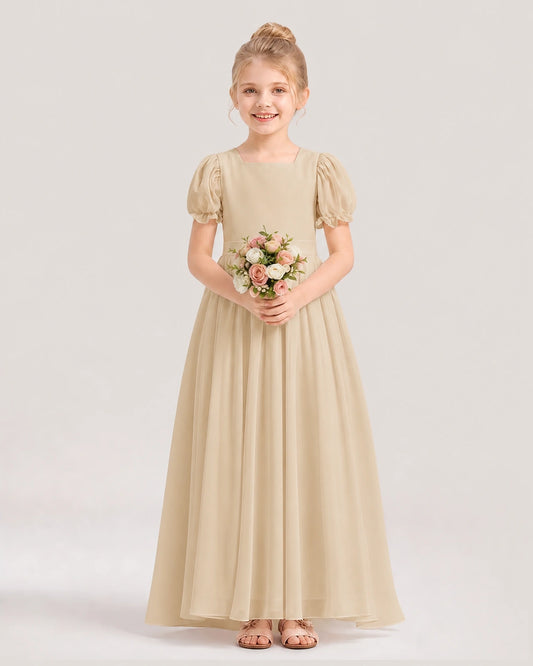 Champagne Chiffon Puff Sleeve Flower Girl Dress Front View