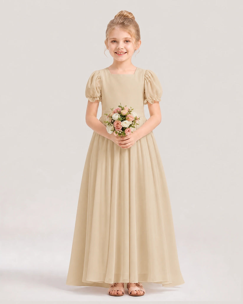 Champagne Chiffon Puff Sleeve Flower Girl Dress Front View