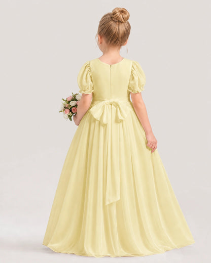 Daffodil chiffon puffed sleeve A-line flower girl dress Back View