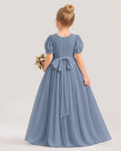 Dusty blue chiffon A-line flower girl dress Back View