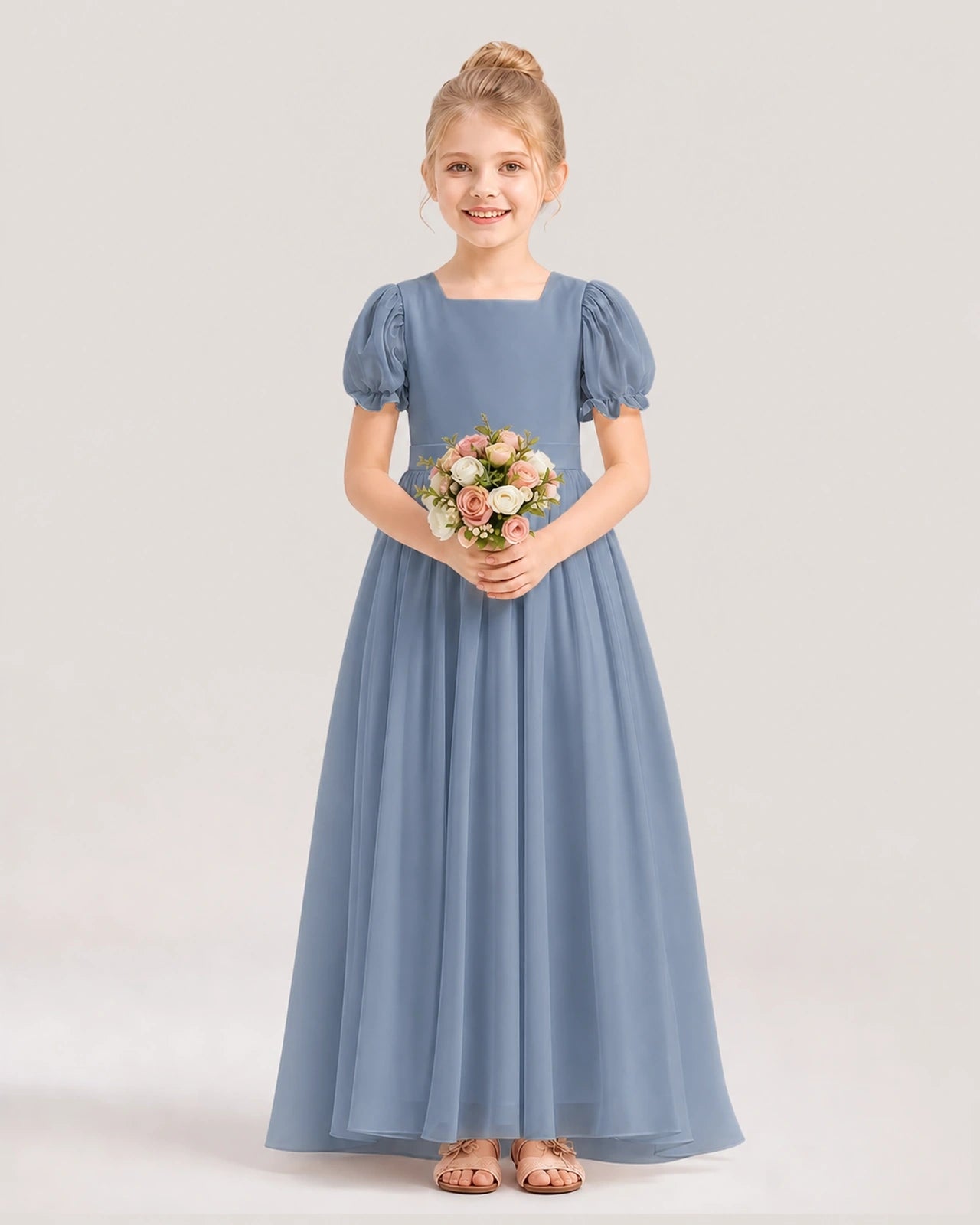 Dusty Blue Chiffon Square Neck A-Line Flower Girl Dresses Front View