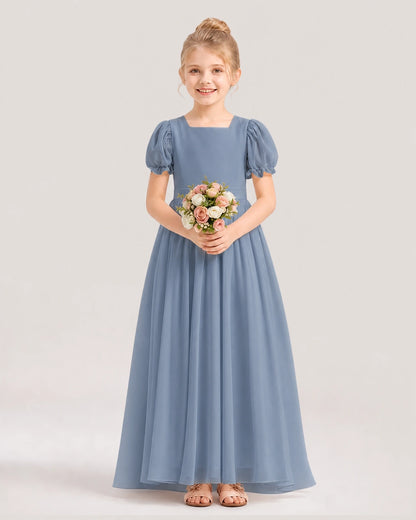 Dusty Blue Chiffon Square Neck A-Line Flower Girl Dresses Front View