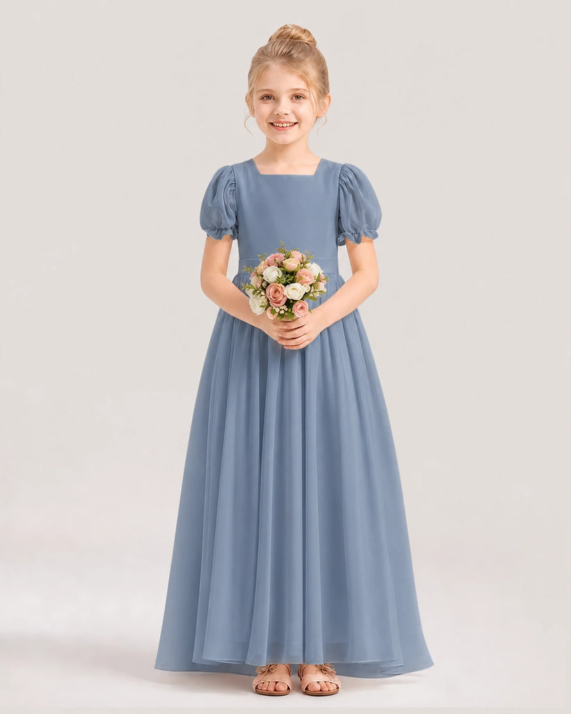 Dusty Blue Chiffon Square Neck A-Line Flower Girl Dresses Front View