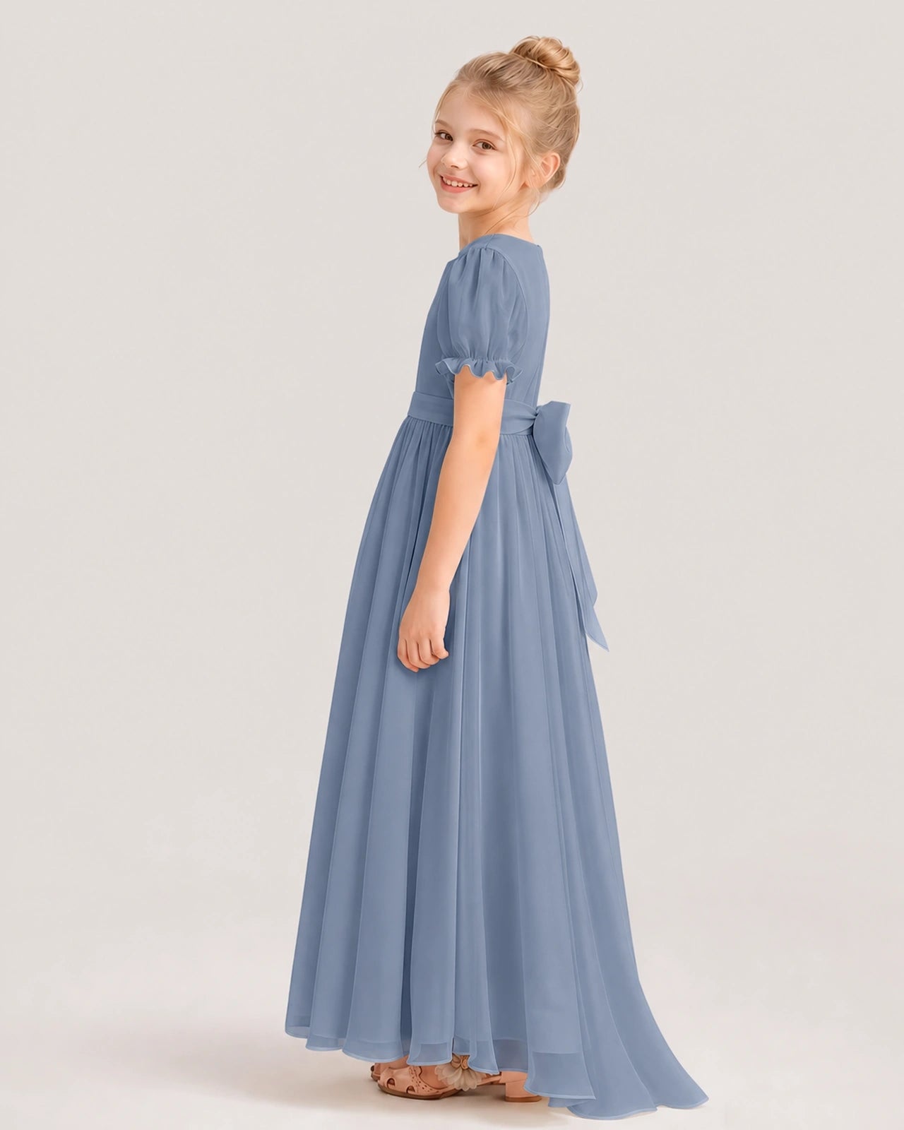 Dusty blue chiffon short sleeve flower girl dress Side View