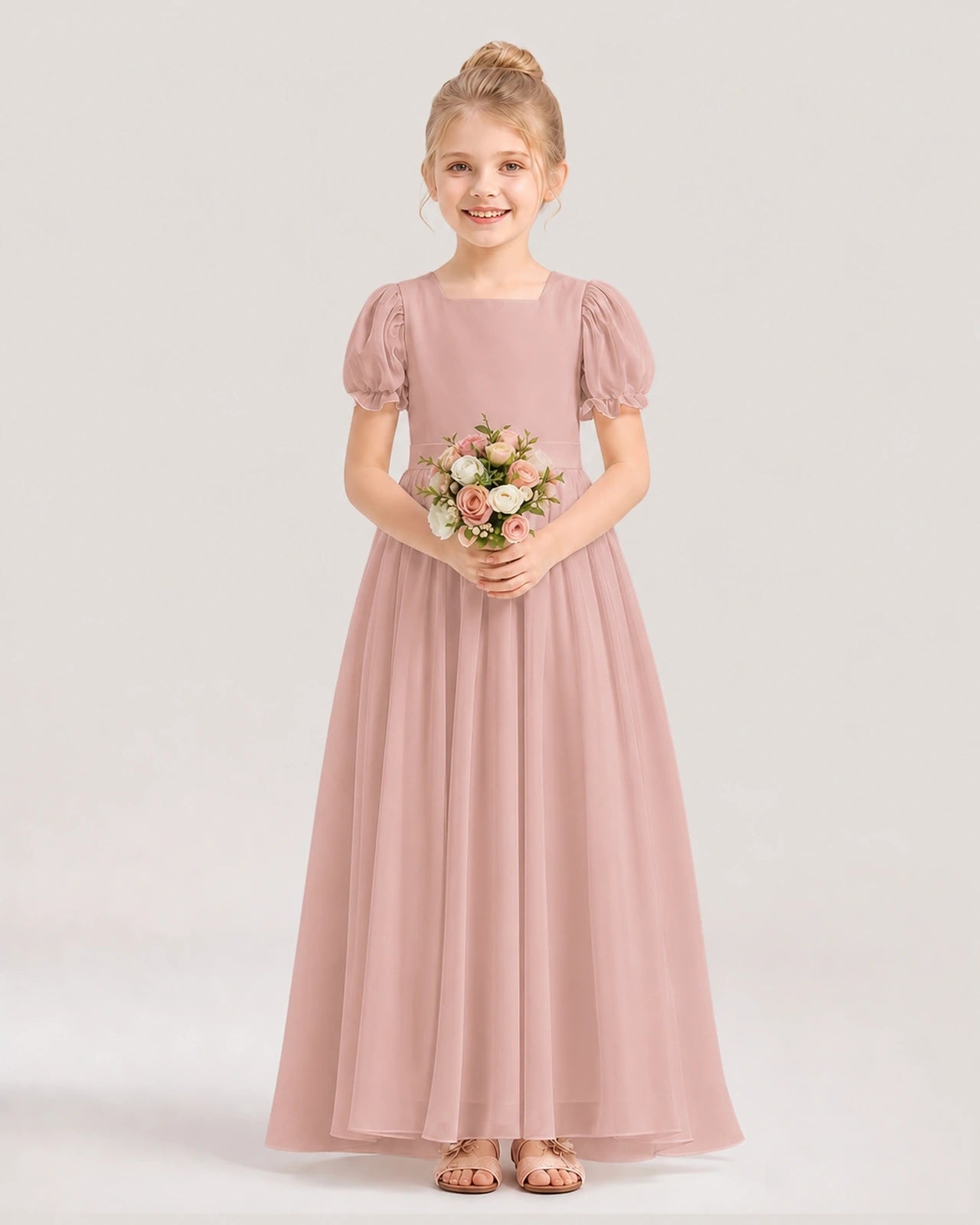 Dusty Rose Chiffon Puff Sleeve Flower Girl Dress Front View
