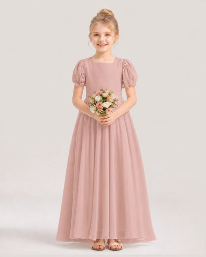 Dusty Rose Chiffon Puff Sleeve Flower Girl Dress Front View