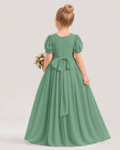 Eucalyptus Chiffon Puff Sleeve A-Line Flower Girl Dresses Back View