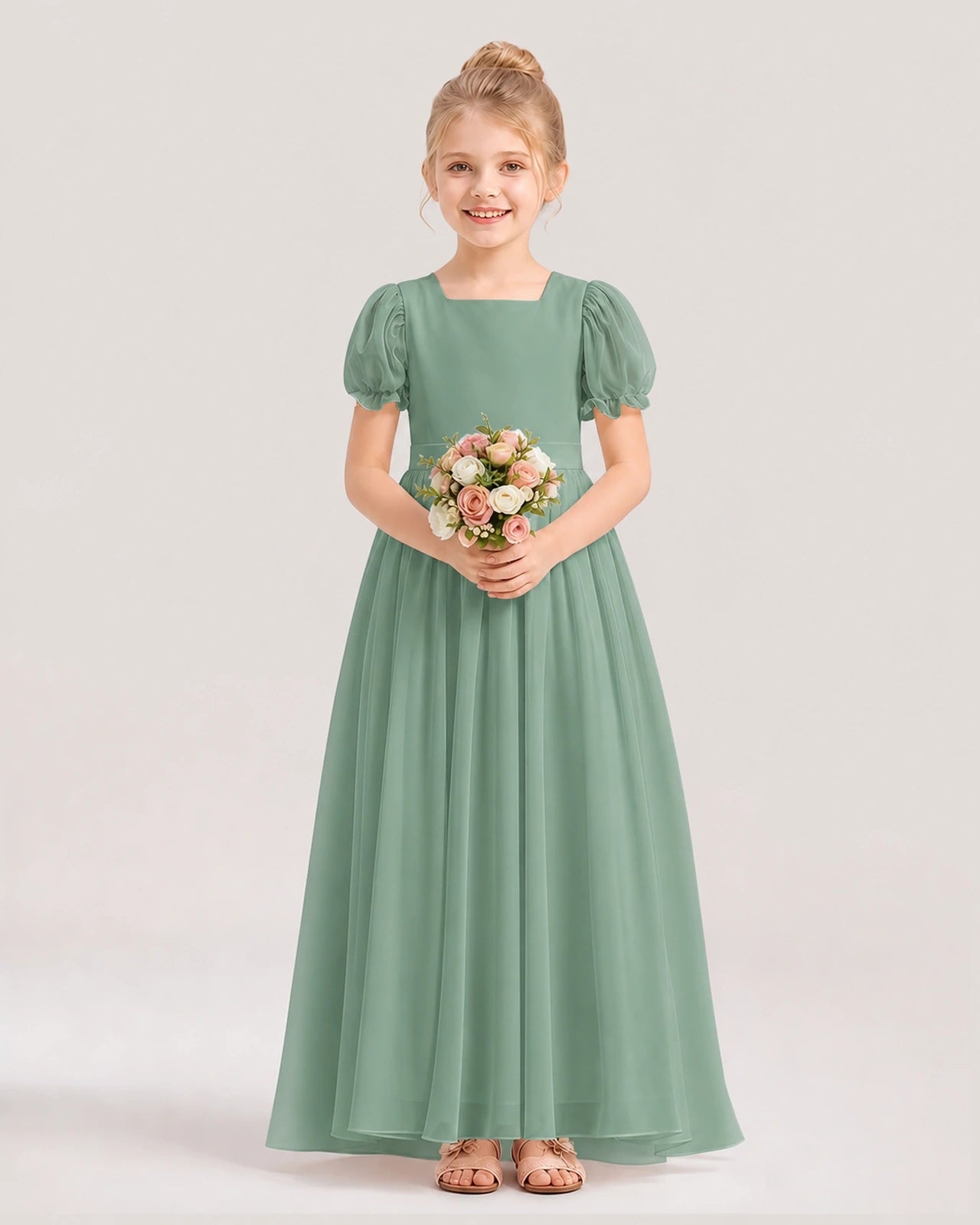 Eucalyptus Chiffon Square Neck A-Line Flower Girl Dresses Front View