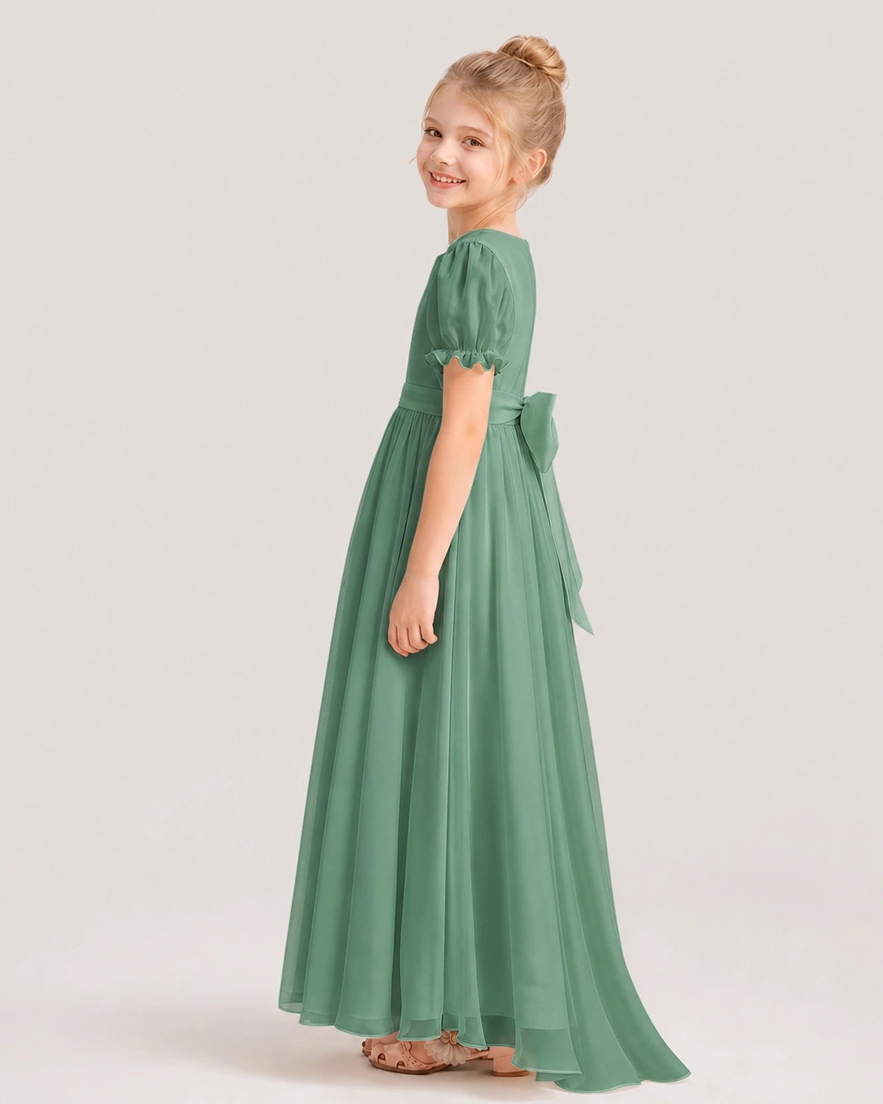 Eucalyptus Chiffon A-line Flower Girl Dress Side View