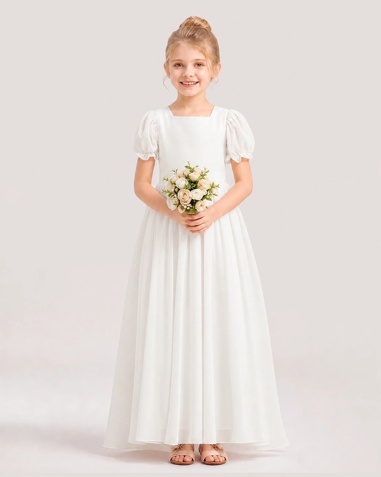 Ivory Chiffon Square Neck Puffed Sleeve Flower Girl Dresses Front View