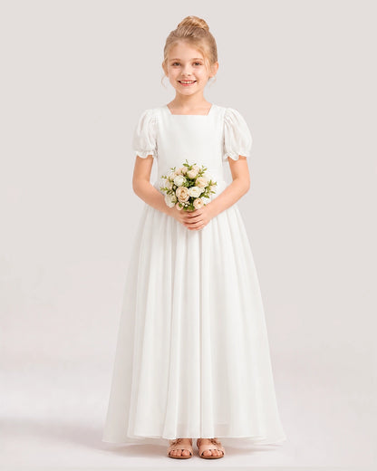 Ivory Chiffon Square Neck Puffed Sleeve Flower Girl Dresses Front View