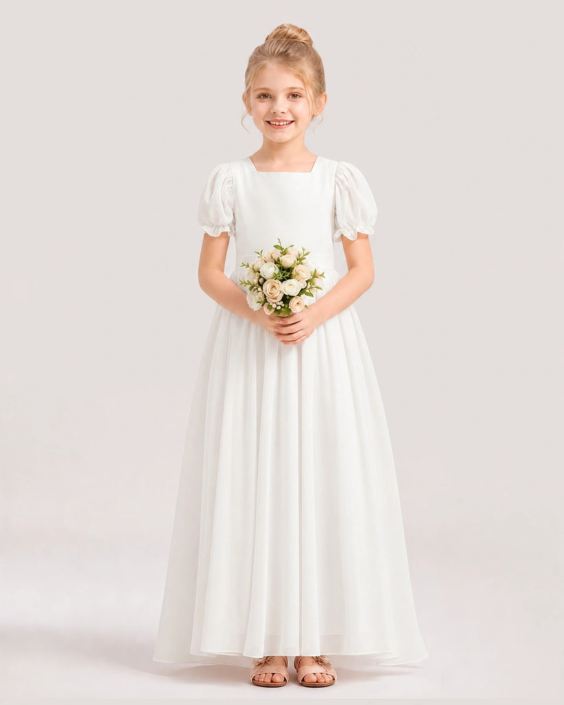 Ivory Chiffon Square Neck Puffed Sleeve Flower Girl Dresses Front View