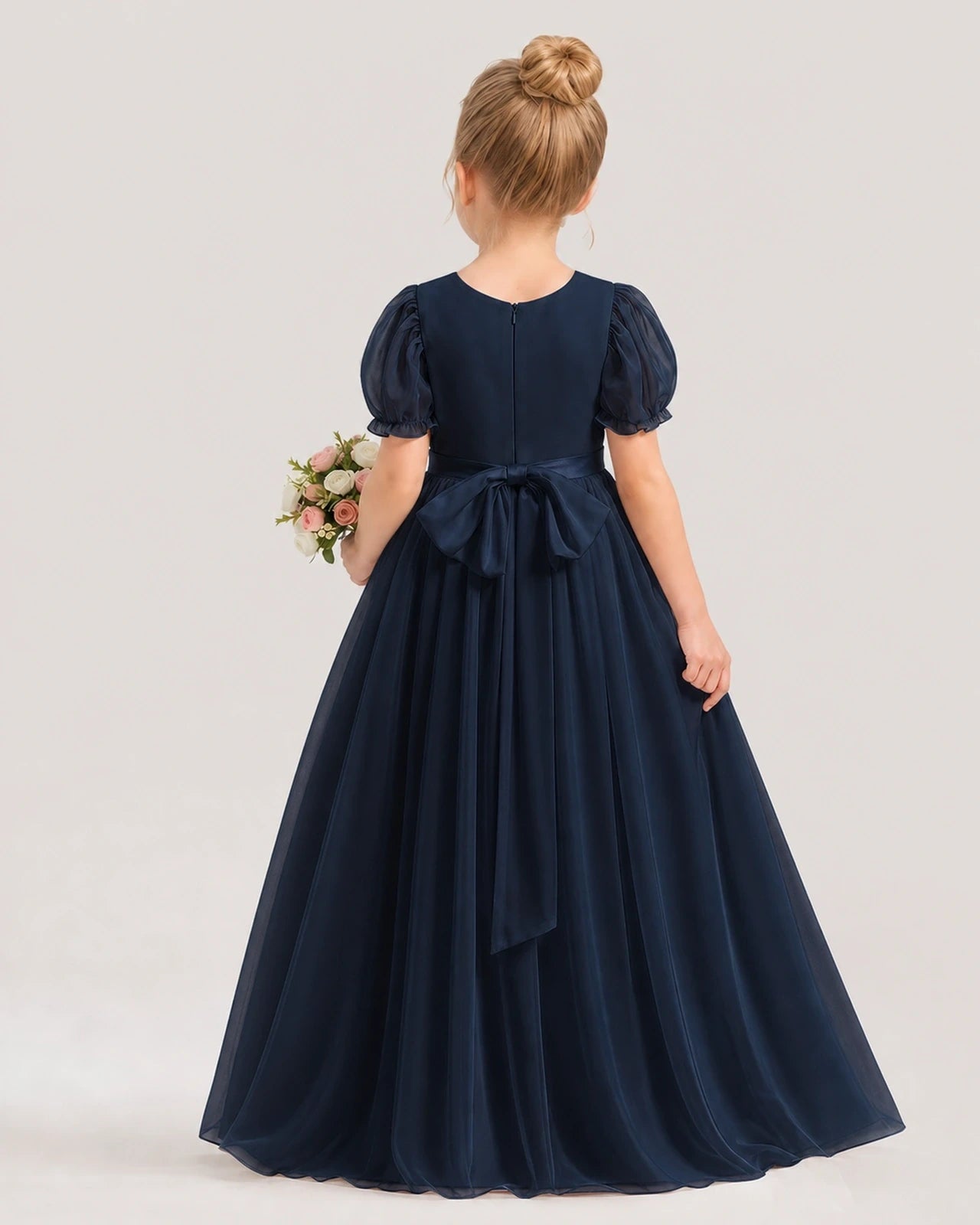 Navy Blue Chiffon A-Line Flower Girl Dress Back View