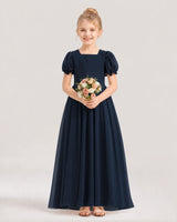 Navy Blue Chiffon Square Neck Flower Girl Dresses Front View
