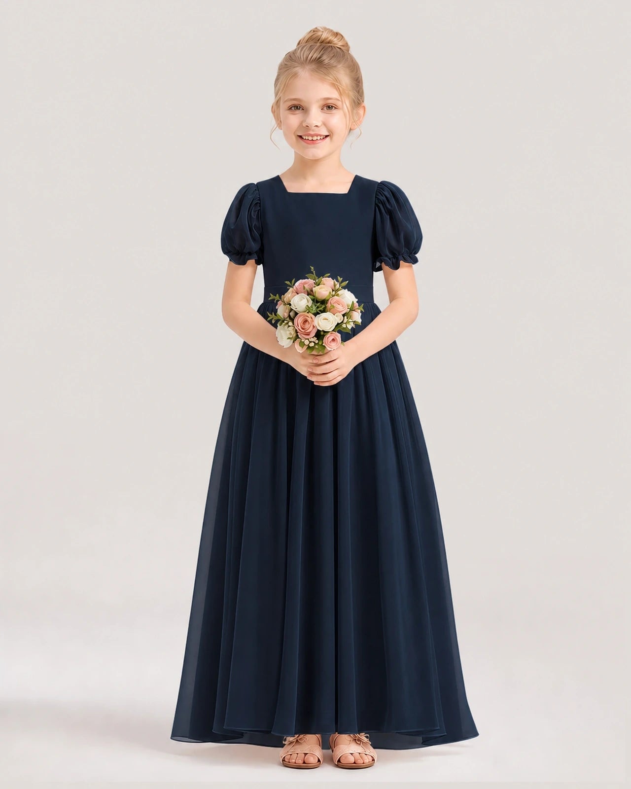 Navy Blue Chiffon Square Neck Flower Girl Dresses Front View