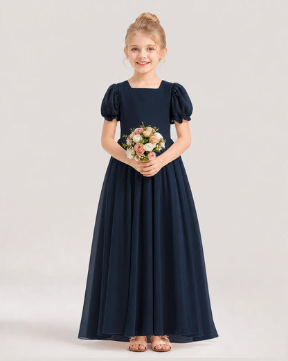 Navy Blue Chiffon Square Neck Flower Girl Dresses Front View