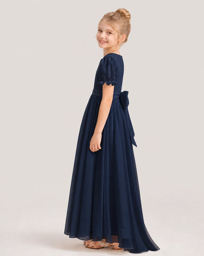 Navy Blue Chiffon A-Line Flower Girl Dresses Side View