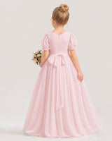 Pink chiffon A-line flower girl dress Back View