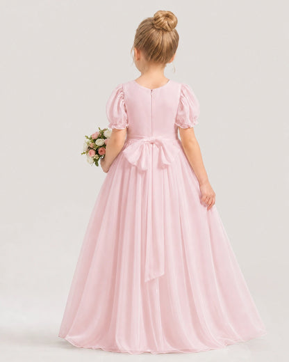 Pink chiffon A-line flower girl dress Back View