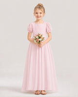Pink Chiffon Puff Sleeve A-Line Flower Girl Dresses Front View