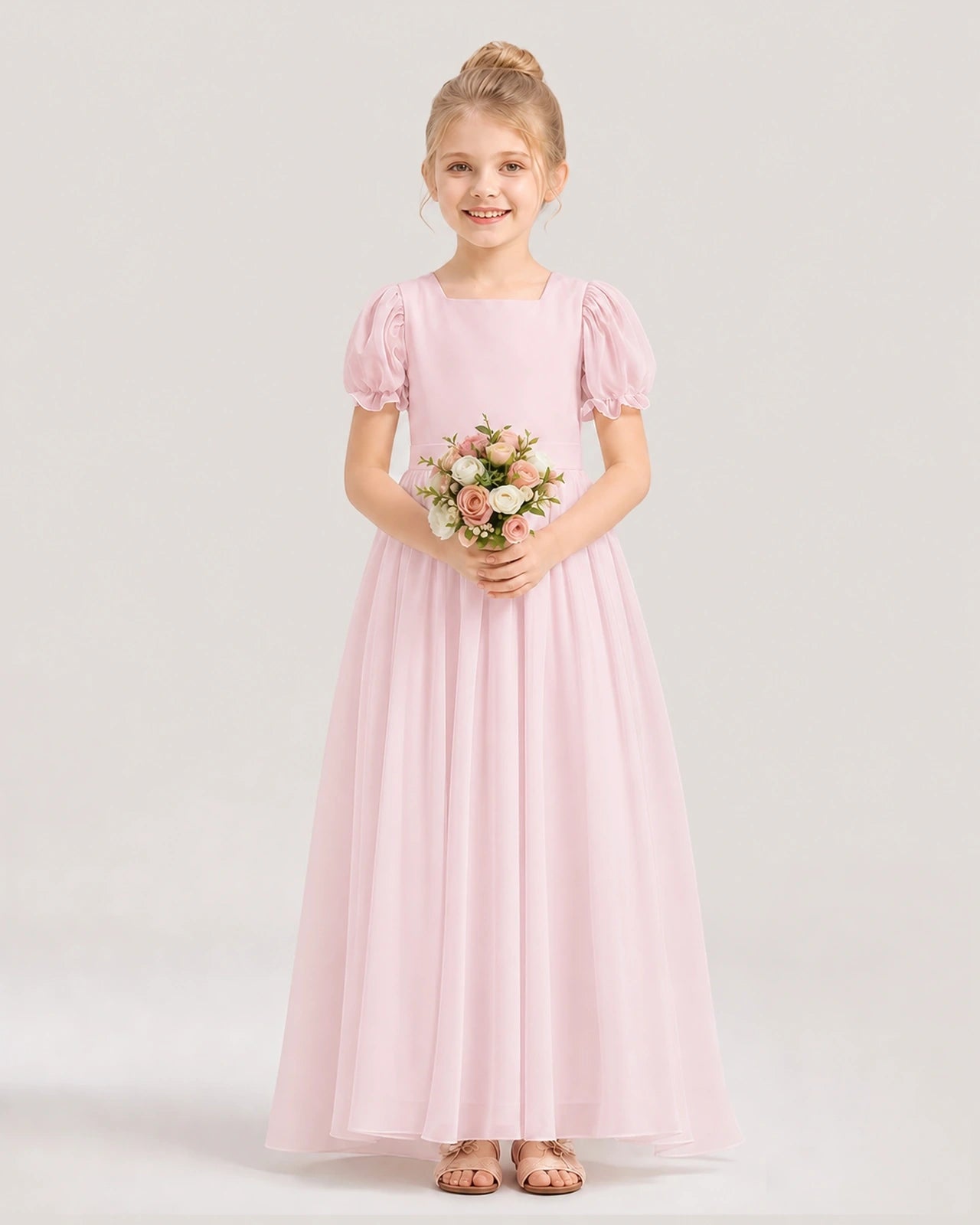 Pink Chiffon Puff Sleeve A-Line Flower Girl Dresses Front View
