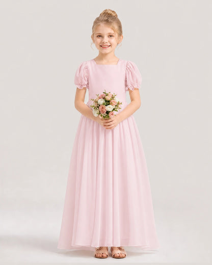 Pink Chiffon Puff Sleeve A-Line Flower Girl Dresses Front View