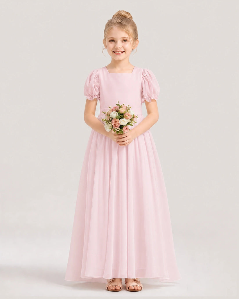 Pink Chiffon Puff Sleeve A-Line Flower Girl Dresses Front View