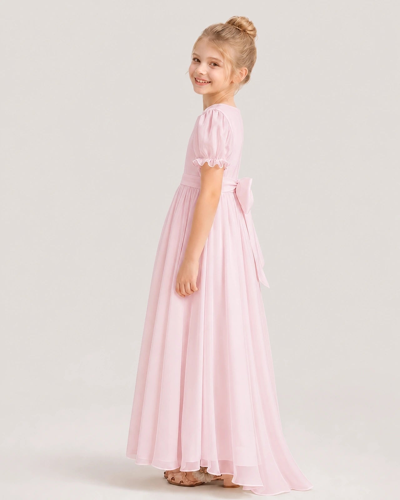 Pink Chiffon A-Line Flower Girl Dresses Side View