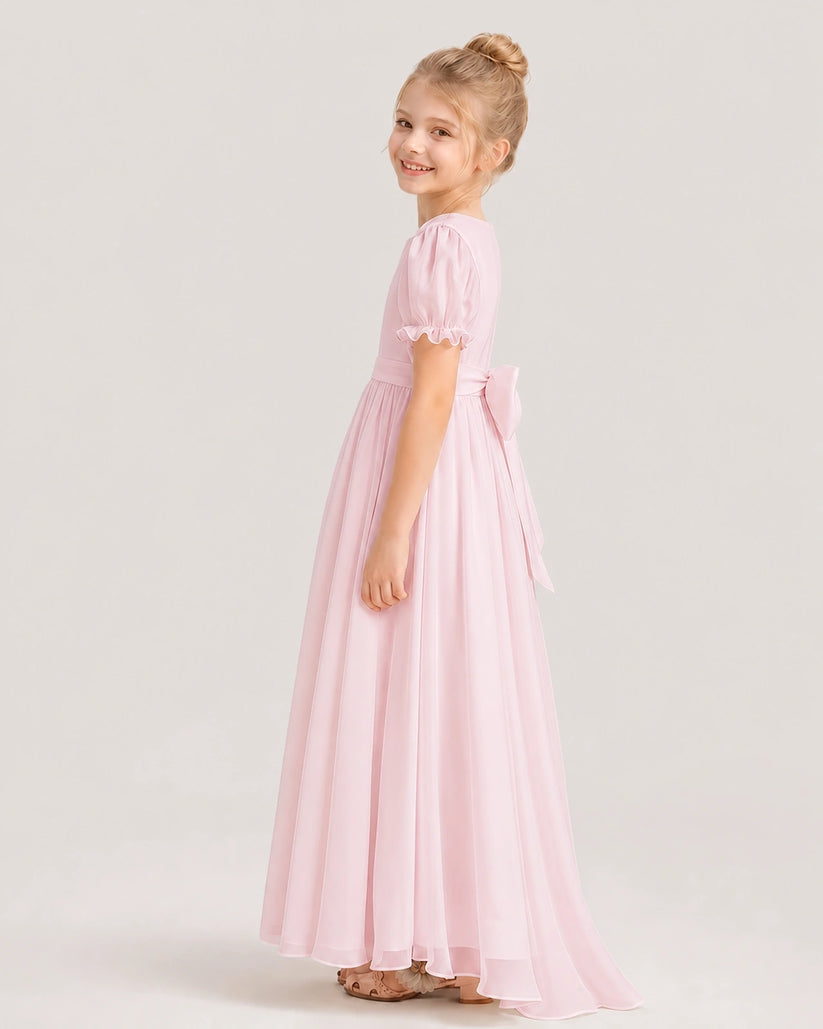 Pink Chiffon A-Line Flower Girl Dresses Side View